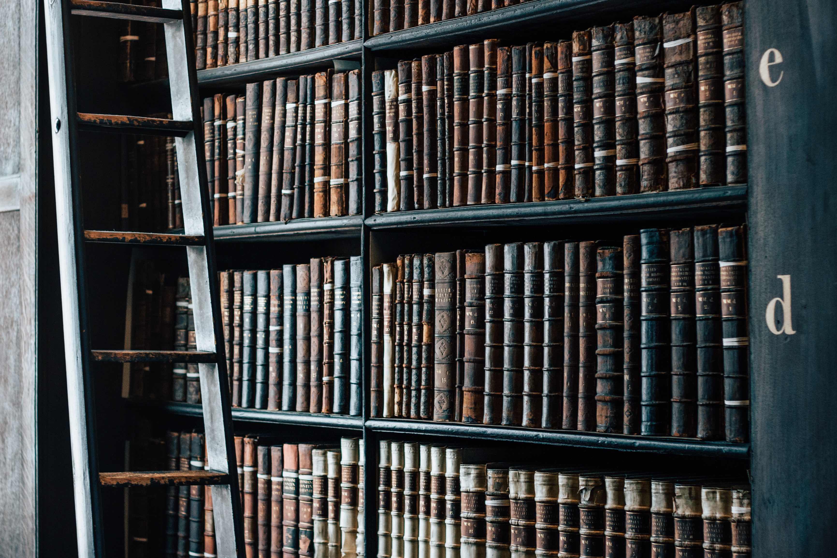 Shelves of old books beside a library ladder